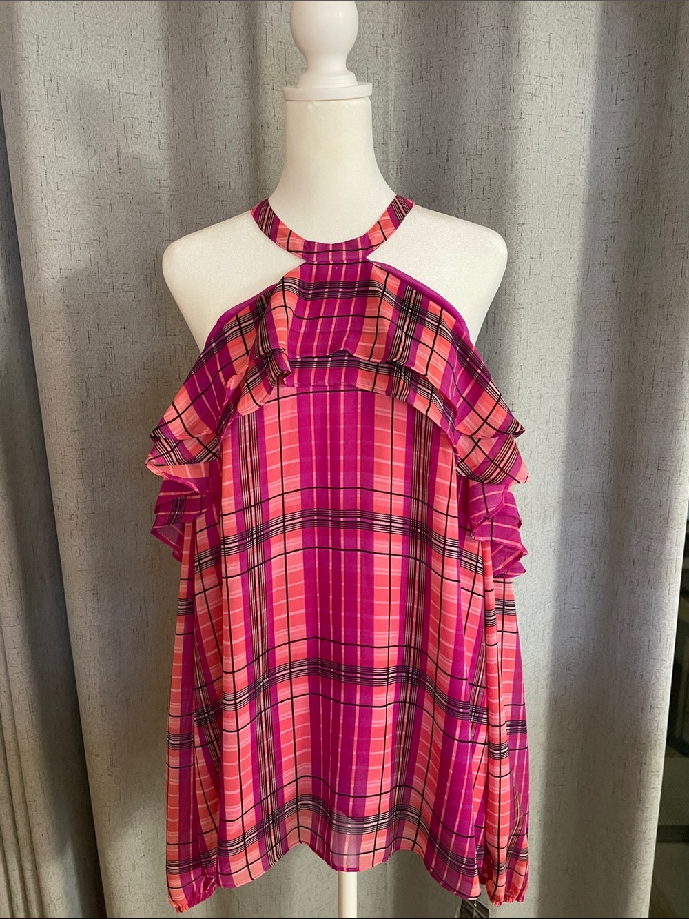 INC International Concepts Pink and Fuchsia Plaid Halter Top with Ruffle